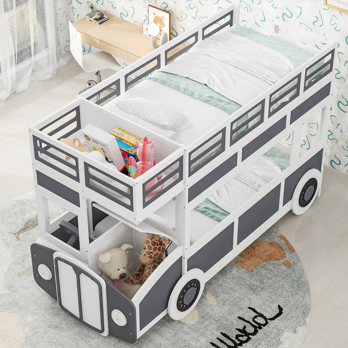 Twin/Twin Bus-shaped Bunk Bed with Wheels and Storage, Gray+White