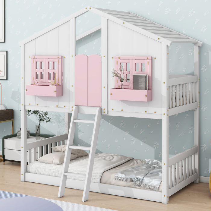 Twin/Twin HBunk Bed with Roof, Window, Window Box, Door, with Safety Guardrails and Ladder White