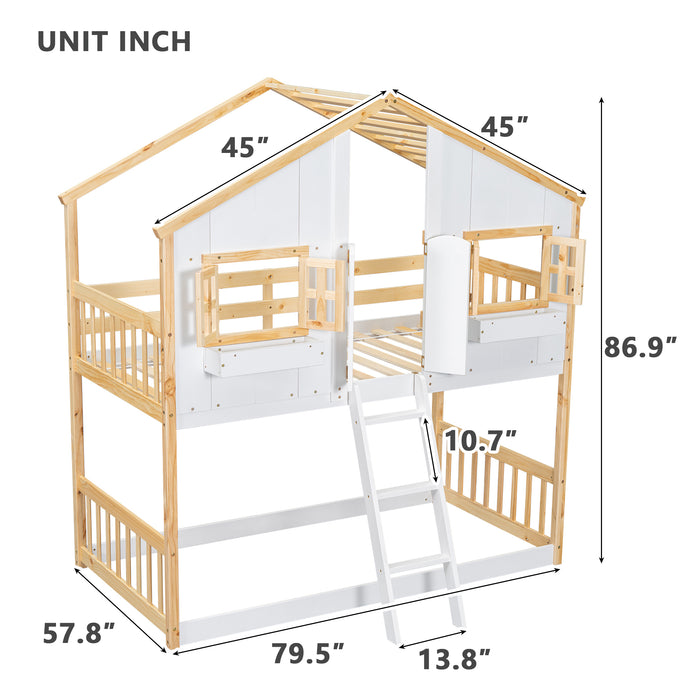 Twin/Twin HBunk Bed with Roof, Window, Window Box, Door, with Safety Guardrails and Ladder White