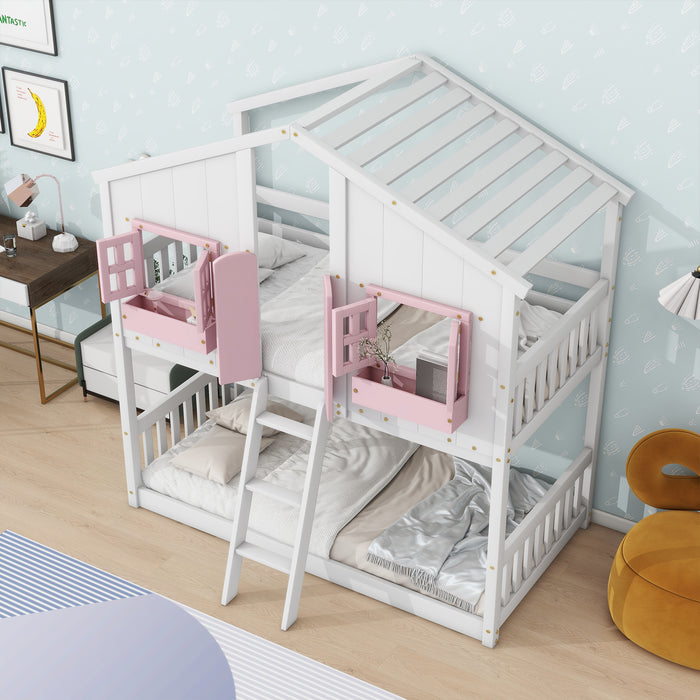 Twin/Twin HBunk Bed with Roof, Window, Window Box, Door, with Safety Guardrails and Ladder White