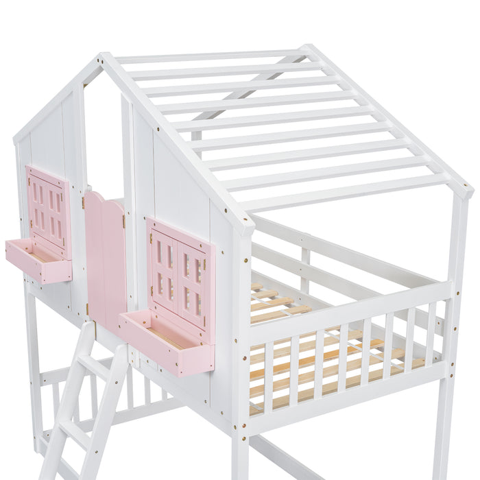 Twin/Twin HBunk Bed with Roof, Window, Window Box, Door, with Safety Guardrails and Ladder White