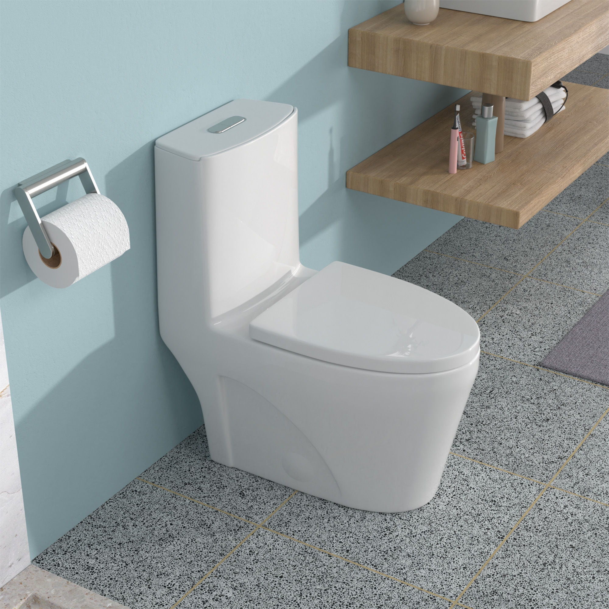 1 Piece Toilet For Bathroom, Dual Flush 1.24 / 1.6 Gpf, Soft Closing Seat - White