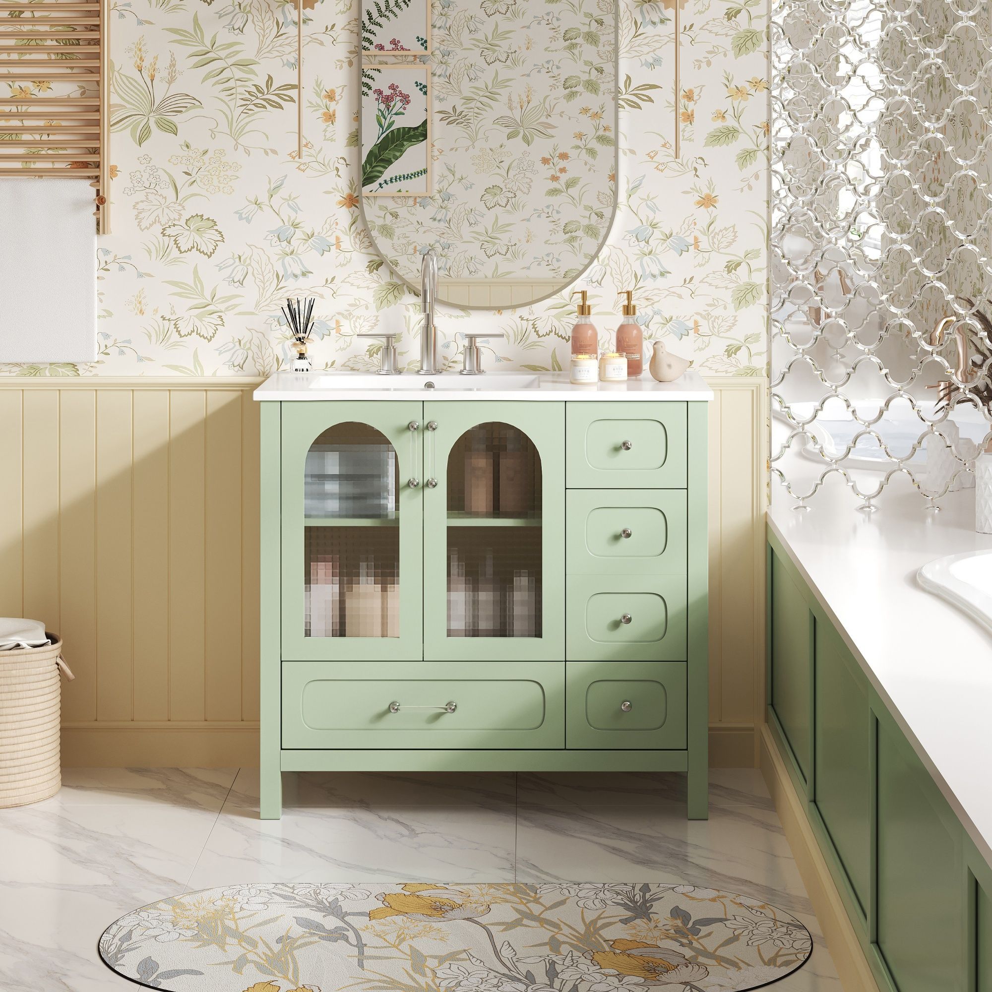 Bathroom Cabinet With Waffle Texture Doors, 4 Drawer Vanity With Soft-Closing Hinges And Glass Panels - Green