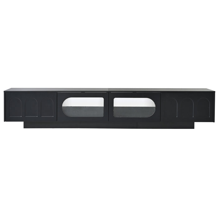 TV Stand with Fluted tempered Glass Doors for TVs Up to 95'',with APP-Controlled LED Light