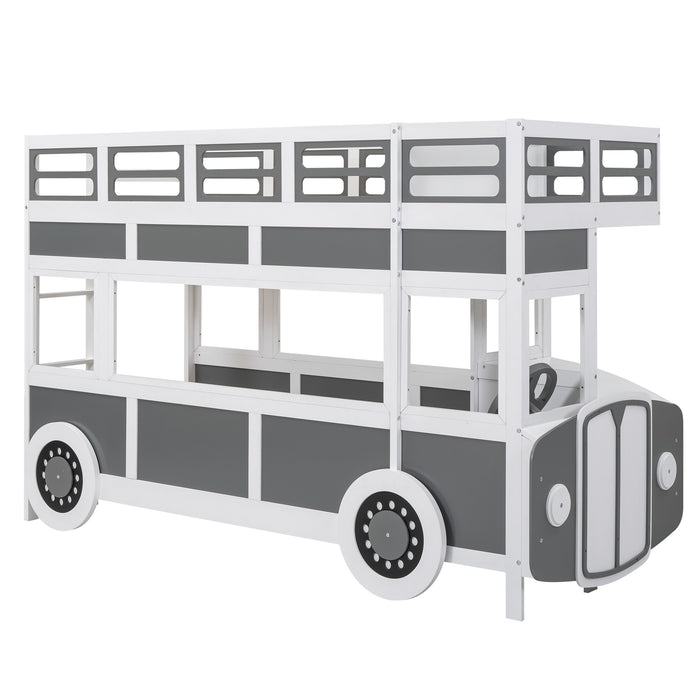 Twin/Twin Bus-shaped Bunk Bed with Wheels and Storage, Gray+White