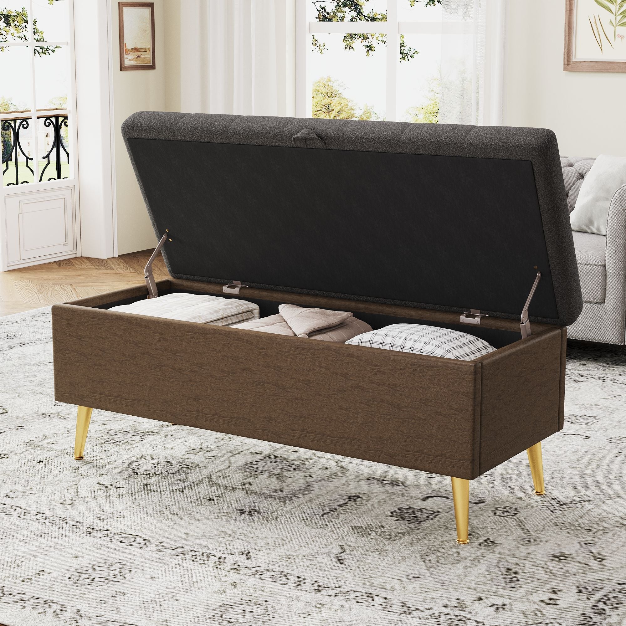 Modern Tufted Storage Ottoman Bench With Metal Legs