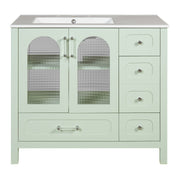 Bathroom Cabinet With Waffle Texture Doors, 4 Drawer Vanity With Soft-Closing Hinges And Glass Panels - Green