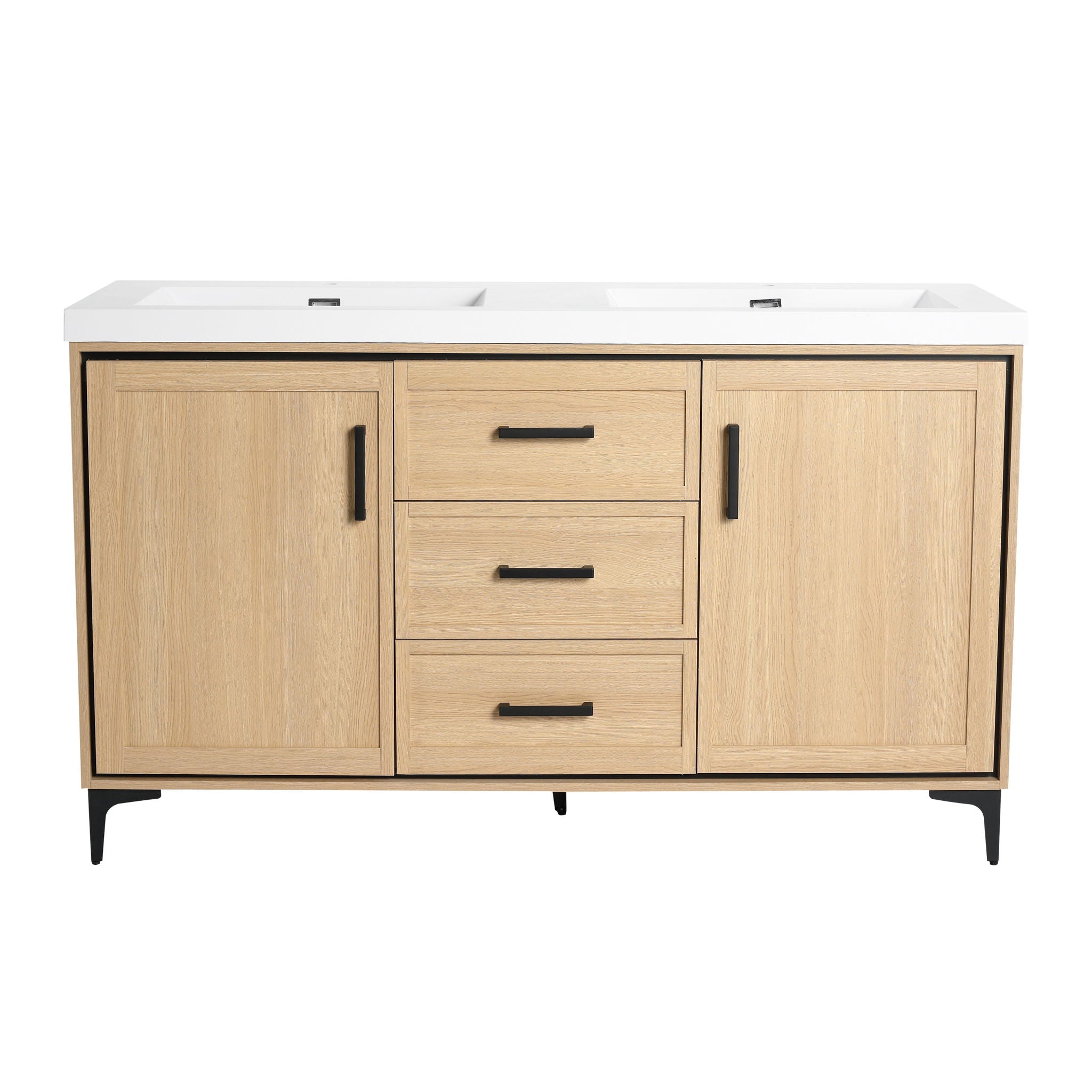 Original 60" Freestanding Bathroom Vanity With Double Resin Sink Plywood Soft Closing Doors & Drawers - Oak