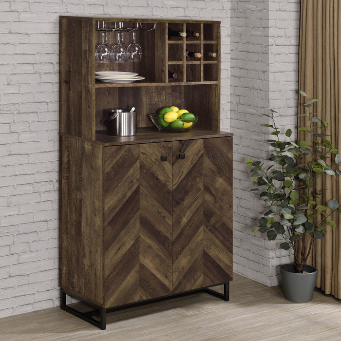 Mendoza 2-door Wine Cabinet Rustic Oak Herringbone and Gunmetal