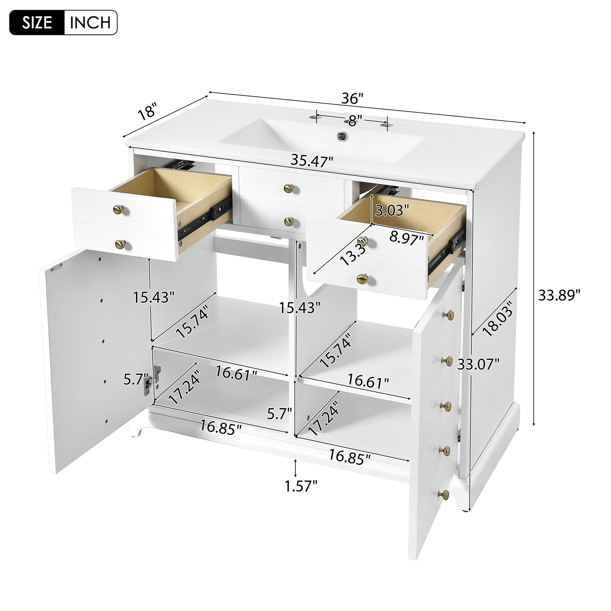 Retro Bathroom Vanity With Sink, Storage Cabinet, Freestanding With 2 Drawers & Soft-Closing Doors