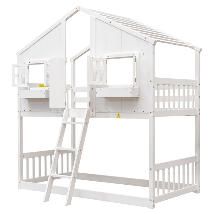 Twin/Twin HBunk Bed with Roof, Window, Window Box, Door, with Safety Guardrails and Ladder White