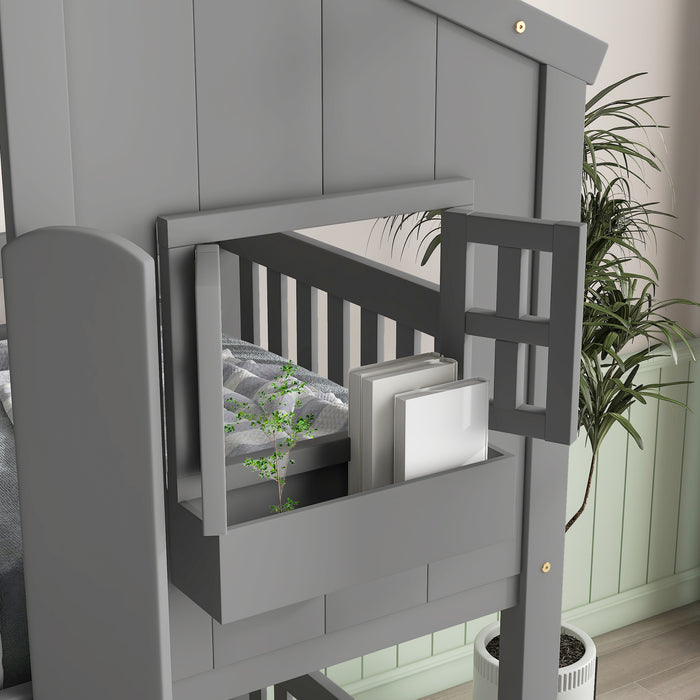 Twin/Twin HBunk Bed with Roof, Window, Window Box, Door, with Safety Guardrails and Ladder White