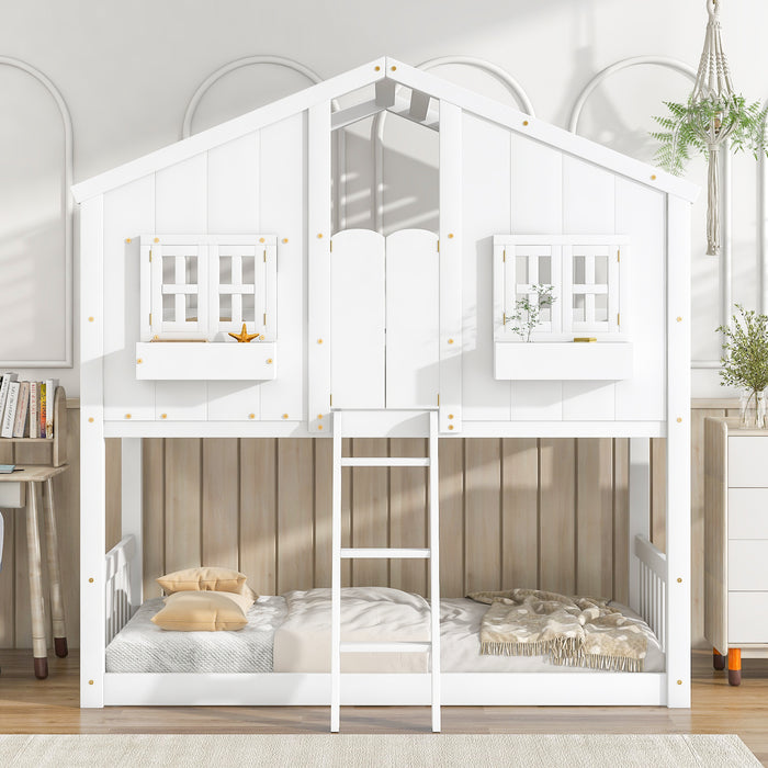 Twin/Twin HBunk Bed with Roof, Window, Window Box, Door, with Safety Guardrails and Ladder White