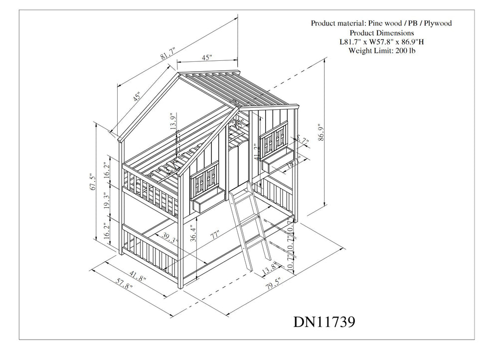 Twin/Twin HBunk Bed with Roof, Window, Window Box, Door, with Safety Guardrails and Ladder White