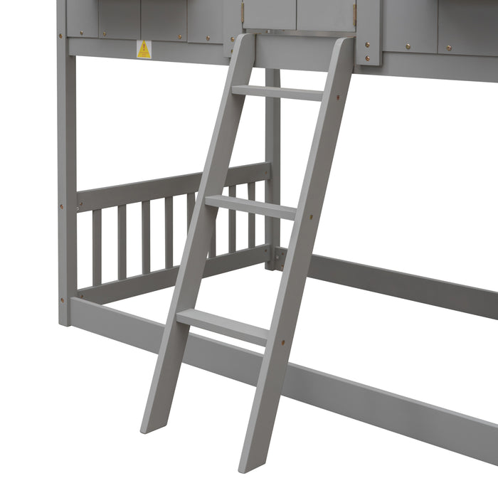 Twin/Twin HBunk Bed with Roof, Window, Window Box, Door, with Safety Guardrails and Ladder White