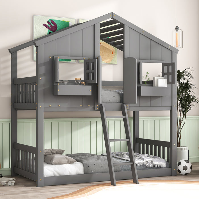 Twin/Twin HBunk Bed with Roof, Window, Window Box, Door, with Safety Guardrails and Ladder White