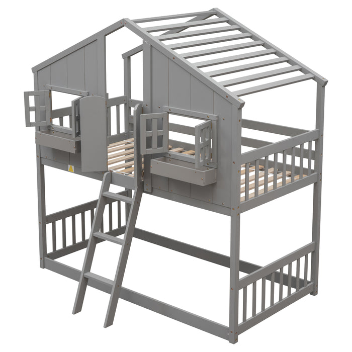 Twin/Twin HBunk Bed with Roof, Window, Window Box, Door, with Safety Guardrails and Ladder White