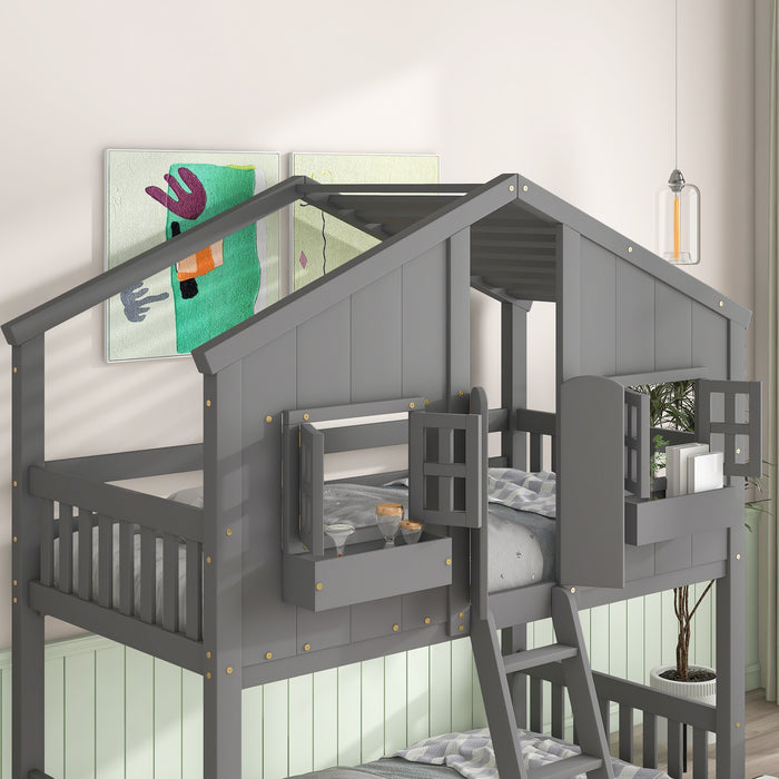 Twin/Twin HBunk Bed with Roof, Window, Window Box, Door, with Safety Guardrails and Ladder White