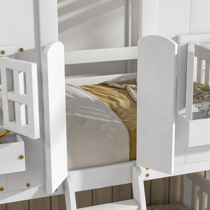 Twin/Twin HBunk Bed with Roof, Window, Window Box, Door, with Safety Guardrails and Ladder White