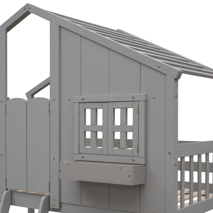 Twin/Twin HBunk Bed with Roof, Window, Window Box, Door, with Safety Guardrails and Ladder White