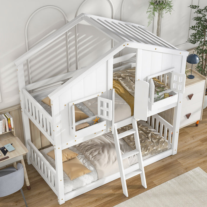 Twin/Twin HBunk Bed with Roof, Window, Window Box, Door, with Safety Guardrails and Ladder White