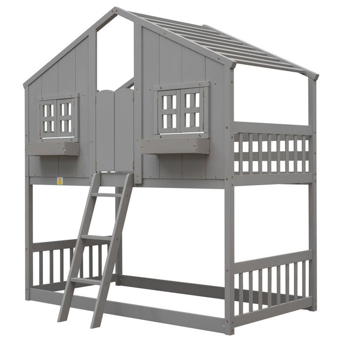 Twin/Twin HBunk Bed with Roof, Window, Window Box, Door, with Safety Guardrails and Ladder White