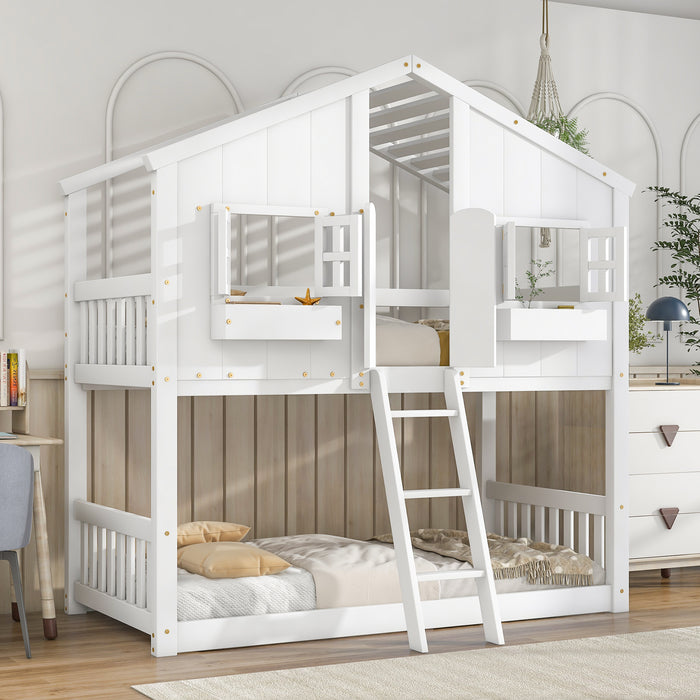 Twin/Twin HBunk Bed with Roof, Window, Window Box, Door, with Safety Guardrails and Ladder White