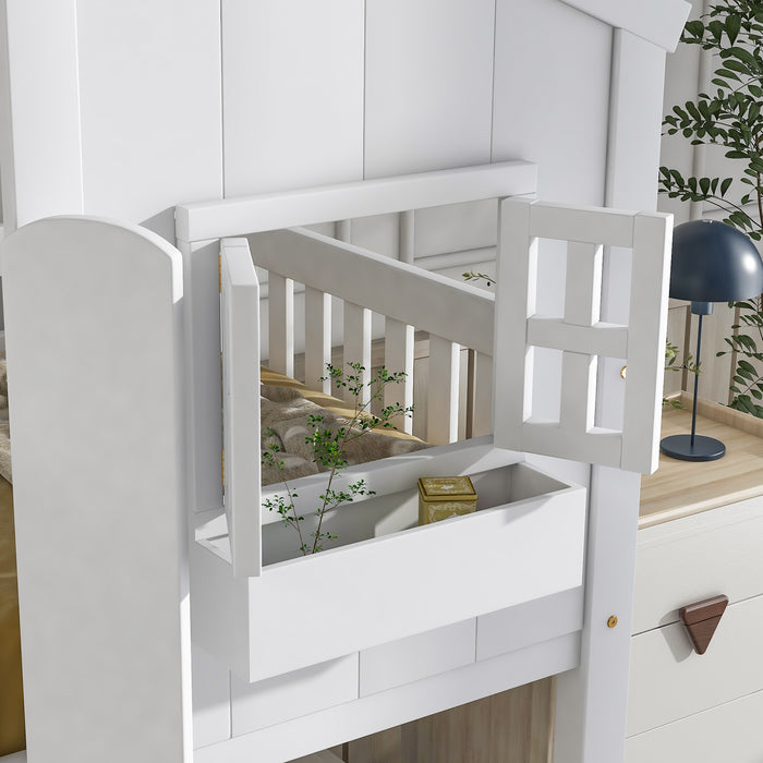 Twin/Twin HBunk Bed with Roof, Window, Window Box, Door, with Safety Guardrails and Ladder White