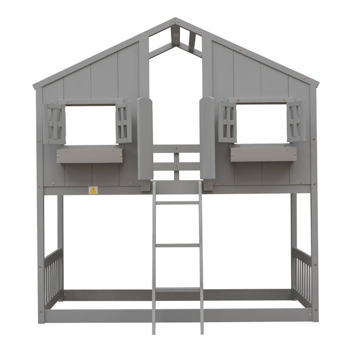 Twin/Twin HBunk Bed with Roof, Window, Window Box, Door, with Safety Guardrails and Ladder White