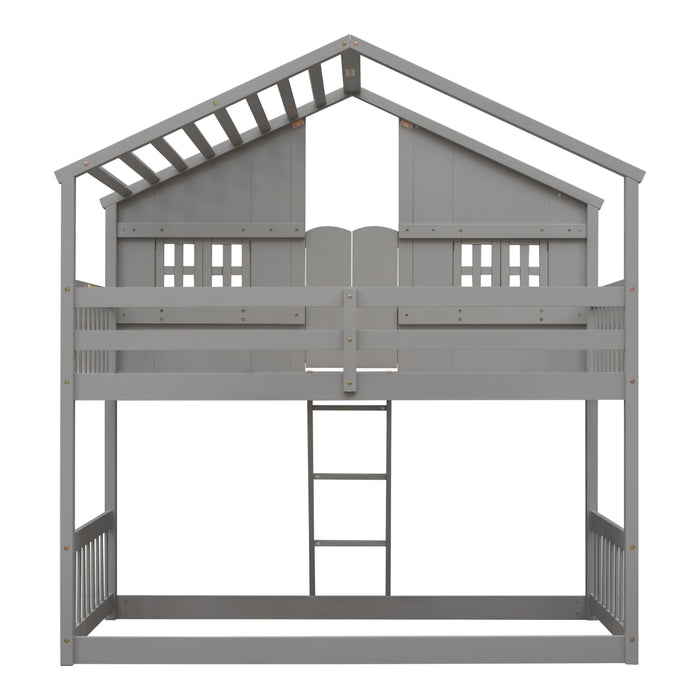 Twin/Twin HBunk Bed with Roof, Window, Window Box, Door, with Safety Guardrails and Ladder White