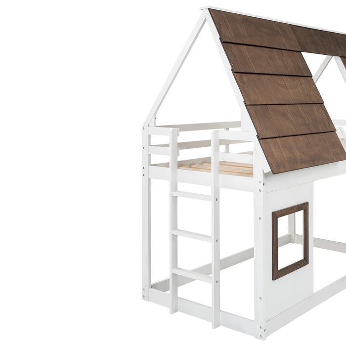 Wood Twin Size House Bunk Bed with Roof, Ladder and Slide, White+Brown