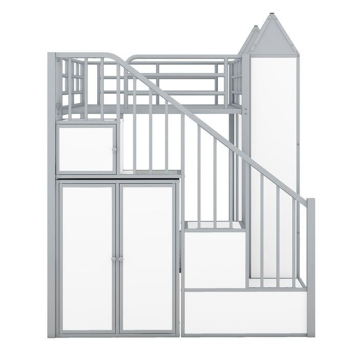 Metal Twin over Twin Castle-shaped Bunk Bed with Wardrobe and Multiple Storage, Gray+White