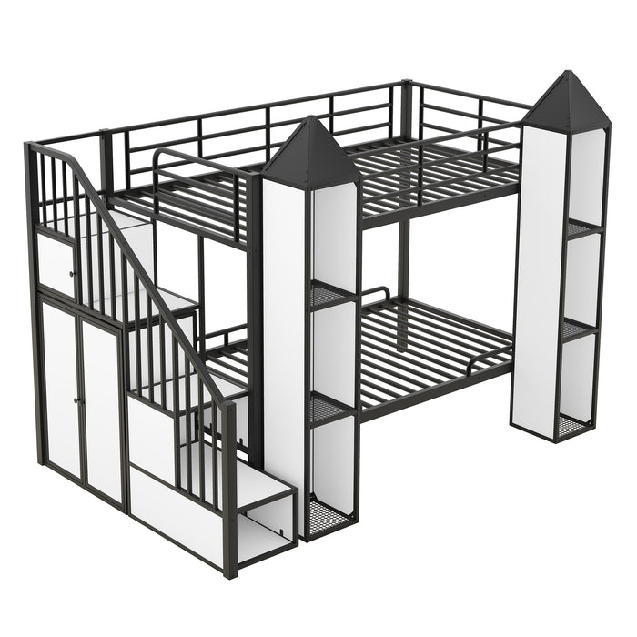 Metal Twin over Twin Castle-shaped Bunk Bed with Wardrobe and Multiple Storage, Gray+White