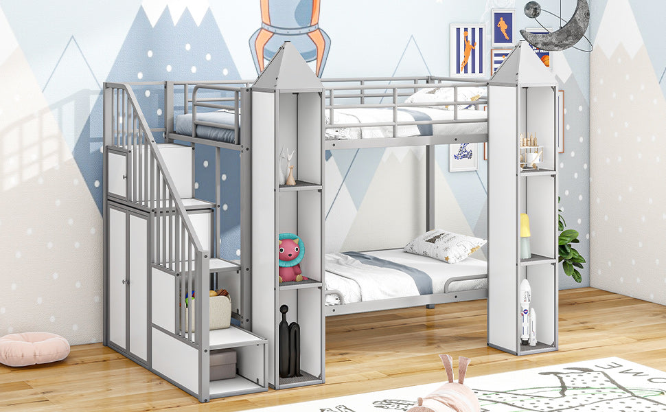 Metal Twin over Twin Castle-shaped Bunk Bed with Wardrobe and Multiple Storage, Gray+White