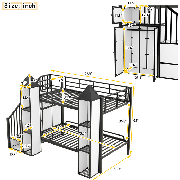 Metal Twin over Twin Castle-shaped Bunk Bed with Wardrobe and Multiple Storage, Gray+White