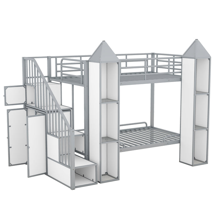 Metal Twin over Twin Castle-shaped Bunk Bed with Wardrobe and Multiple Storage, Gray+White