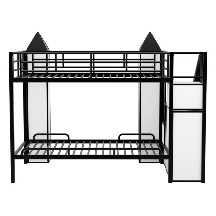 Metal Twin over Twin Castle-shaped Bunk Bed with Wardrobe and Multiple Storage, Gray+White