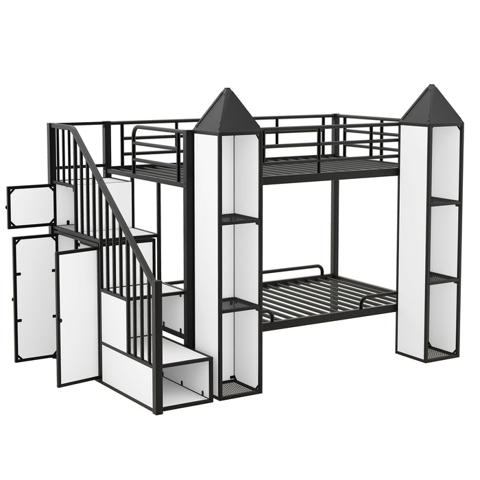 Metal Twin over Twin Castle-shaped Bunk Bed with Wardrobe and Multiple Storage, Gray+White