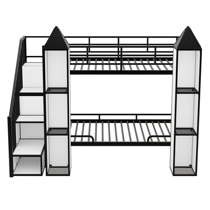 Metal Twin over Twin Castle-shaped Bunk Bed with Wardrobe and Multiple Storage, Gray+White