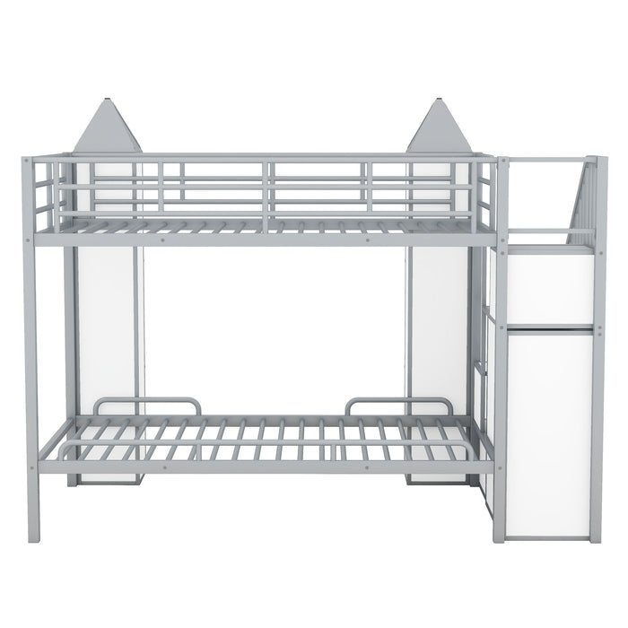 Metal Twin over Twin Castle-shaped Bunk Bed with Wardrobe and Multiple Storage, Gray+White