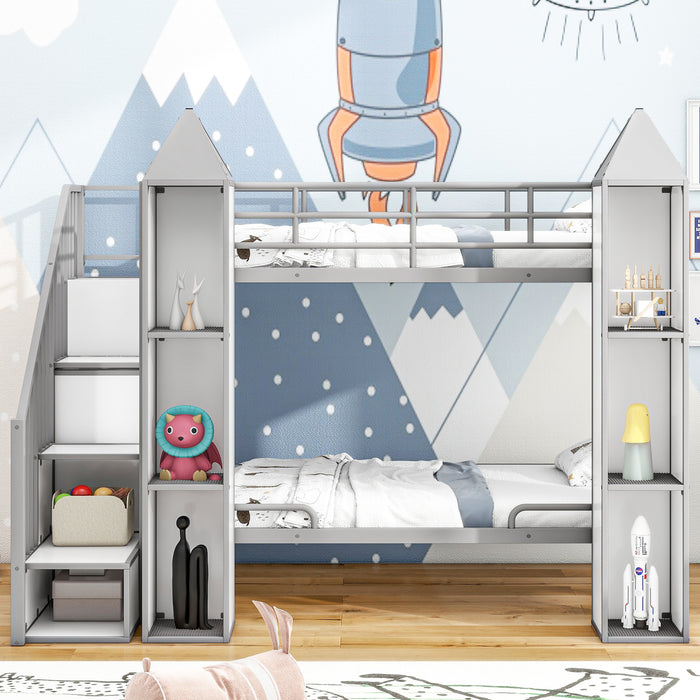 Metal Twin over Twin Castle-shaped Bunk Bed with Wardrobe and Multiple Storage, Gray+White