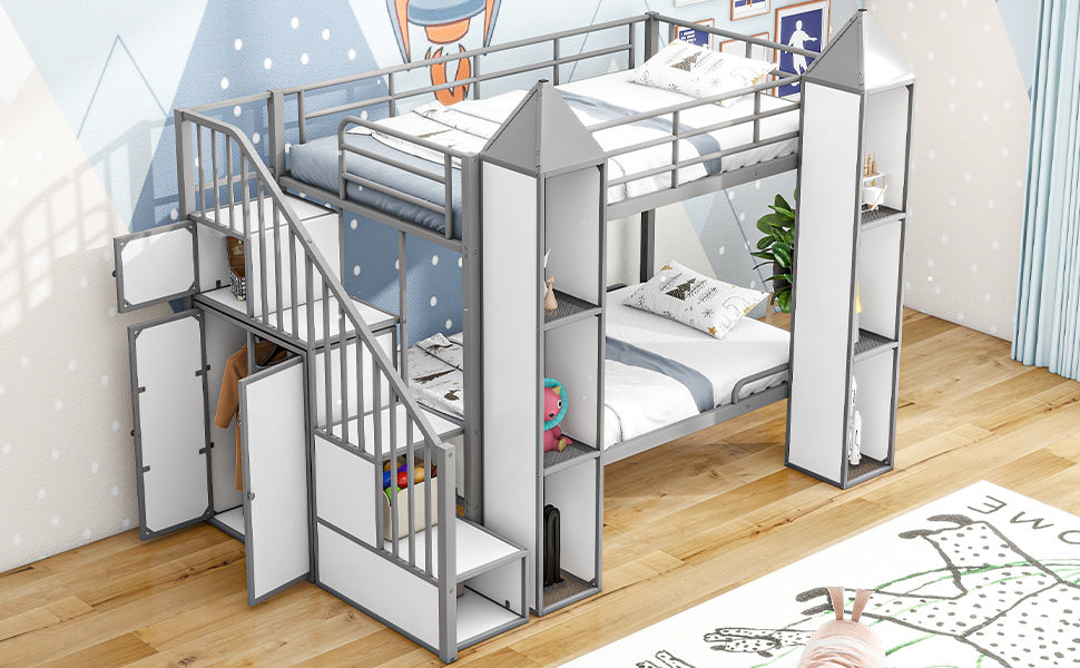 Metal Twin over Twin Castle-shaped Bunk Bed with Wardrobe and Multiple Storage, Gray+White