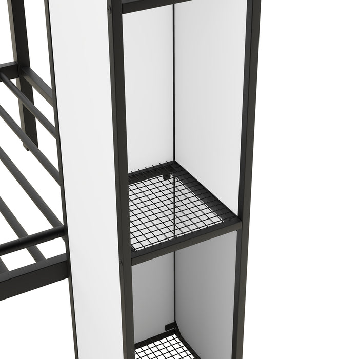 Metal Twin over Twin Castle-shaped Bunk Bed with Wardrobe and Multiple Storage, Gray+White