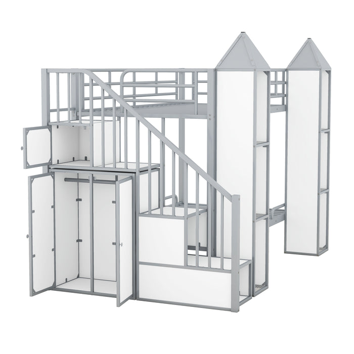 Metal Twin over Twin Castle-shaped Bunk Bed with Wardrobe and Multiple Storage, Gray+White