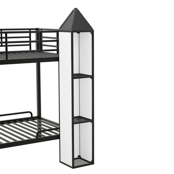 Metal Twin over Twin Castle-shaped Bunk Bed with Wardrobe and Multiple Storage, Gray+White