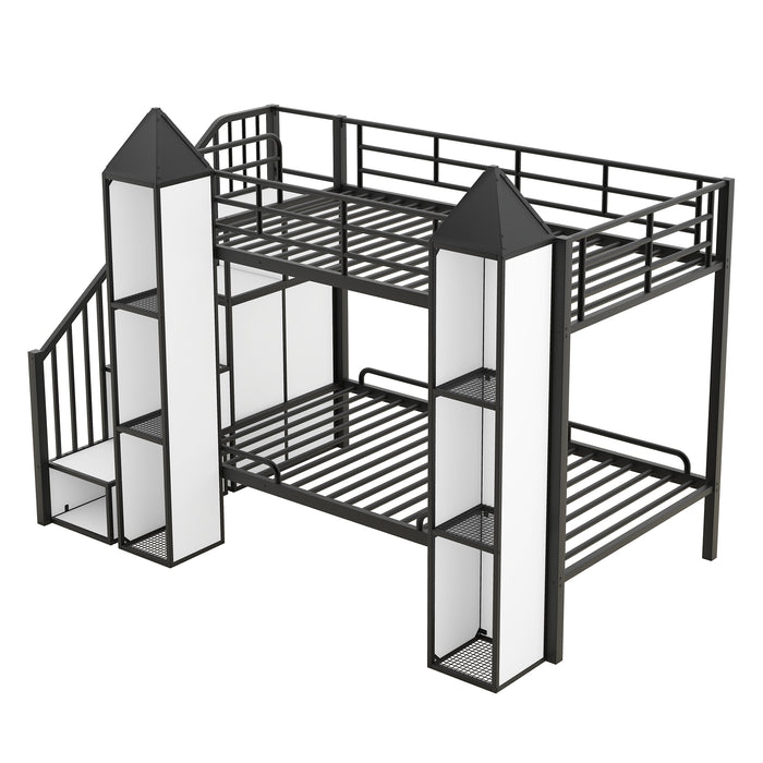 Metal Twin over Twin Castle-shaped Bunk Bed with Wardrobe and Multiple Storage, Gray+White