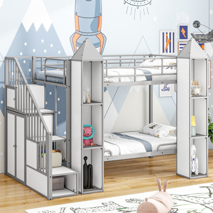 Metal Twin over Twin Castle-shaped Bunk Bed with Wardrobe and Multiple Storage, Gray+White