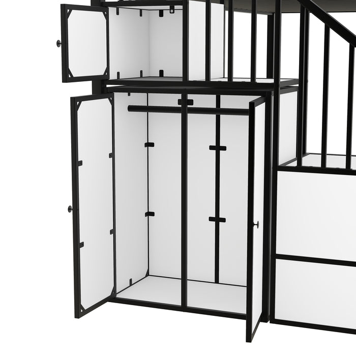 Metal Twin over Twin Castle-shaped Bunk Bed with Wardrobe and Multiple Storage, Gray+White