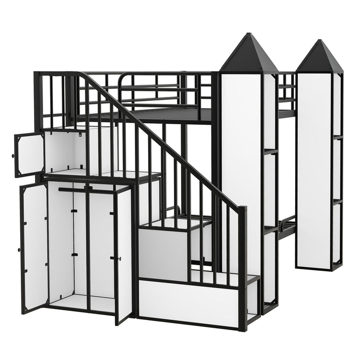 Metal Twin over Twin Castle-shaped Bunk Bed with Wardrobe and Multiple Storage, Gray+White