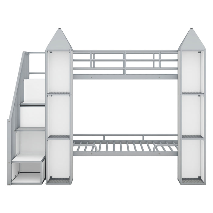 Metal Twin over Twin Castle-shaped Bunk Bed with Wardrobe and Multiple Storage, Gray+White